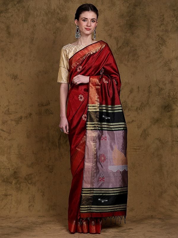 Savvy-Red Katan Silk Kalakshetra Saree from Bengal with Kantha Bootis and Zari Woven Paisley Border