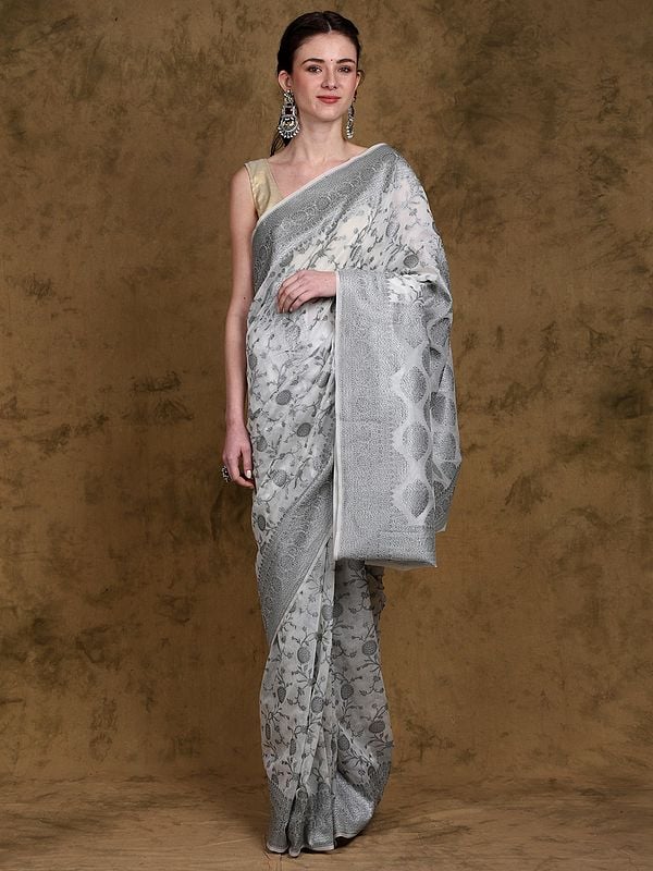 Star-White Saree from Banaras with Silver Thread work Floral Vine