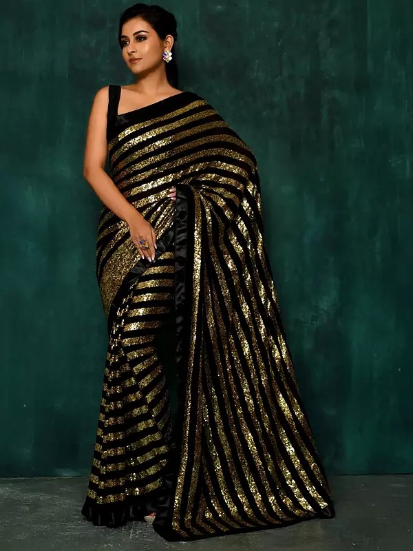 Night-Black Heavy Sequence Work All Over Blooming Georgette Fancy Striped Pattern Saree