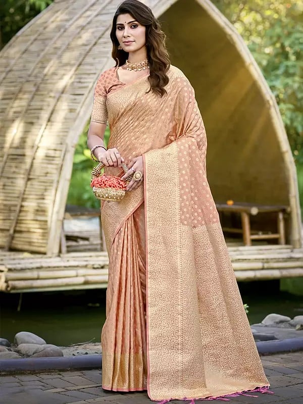 Leaf Motifs Wide Border Festive Wear Silk Saree With Attractive Tassels Pallu