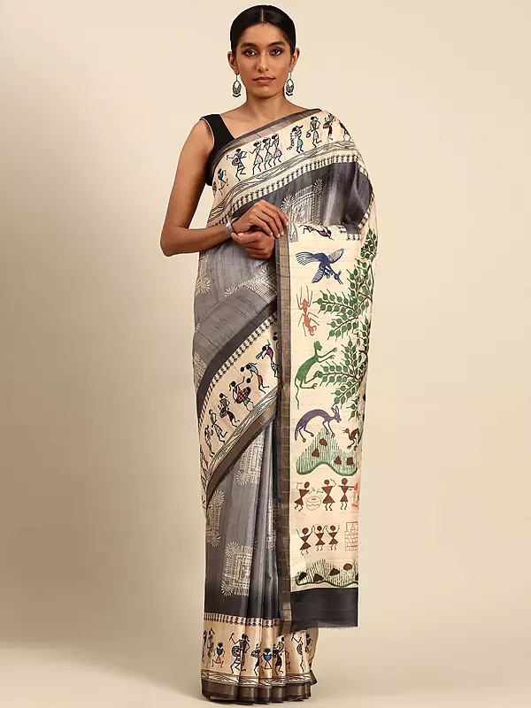 Warli Art Printed Festive Wear Cotton Saree With Designer Pallu