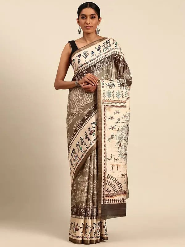 Cotton Traditional Warli Art Printed Festive Cotton Saree With Blouse