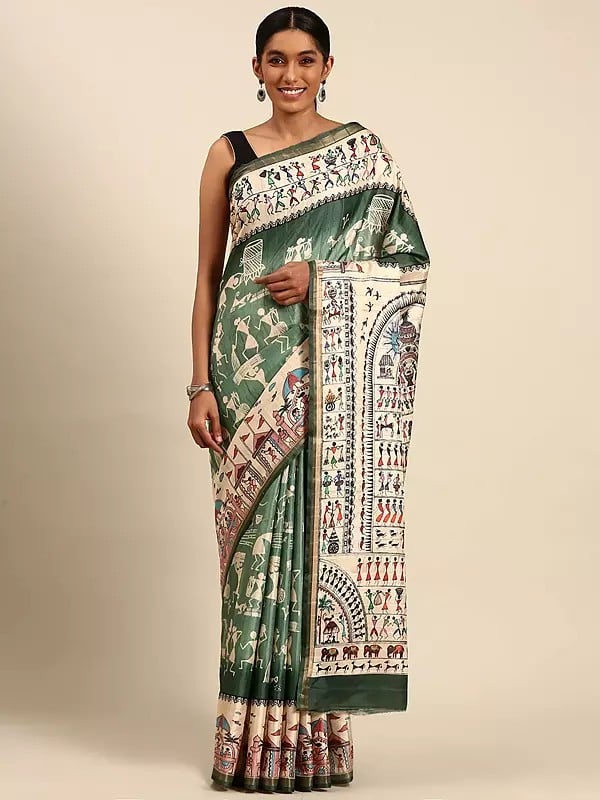 Cotton Warli Art Printed Saree With Blouse For Festival Occasion