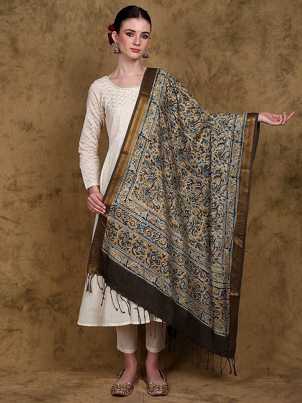 Buff-Yellow Floral Printed Kalamkari Dupatta and Zari Woven Border from Telangana