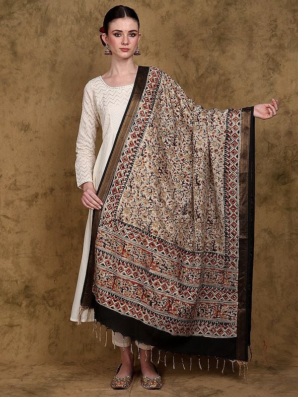 Multicolor Floral Printed Kalamkari Dupatta from Telangana with Zari work Border