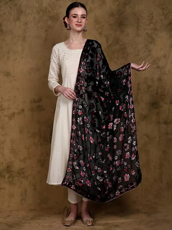 Hibiscus Floral Pattern Brasso Velvet Dupatta from Amritsar