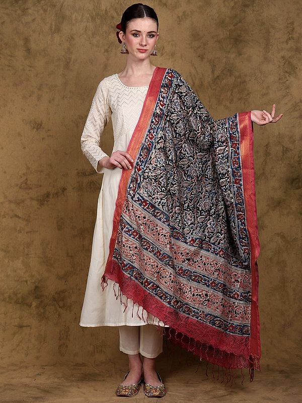 Tap-Shoe Printed Kalamkari Dupatta from Telangana with Zari Border