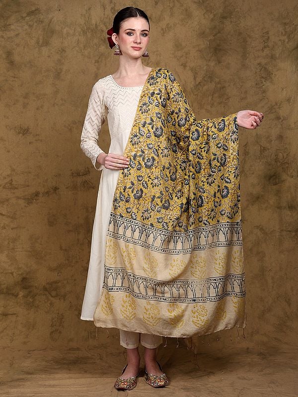 Super-Lemon Floral Vine Printed Kalamkari Dupatta from Telangana