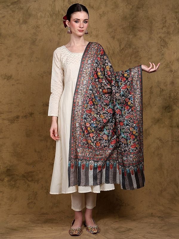 Pure Wool Kani Jamawar Shawl  from Amritsar with Embroidered Flowers and Paisleys