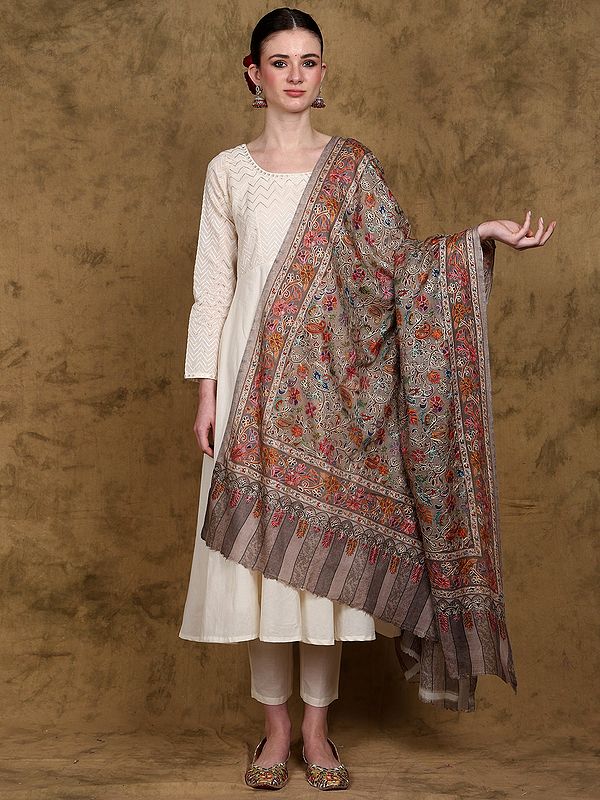 Pure Wool Kani Jamawar Shawl  from Amritsar with Embroidered Flowers and Paisleys