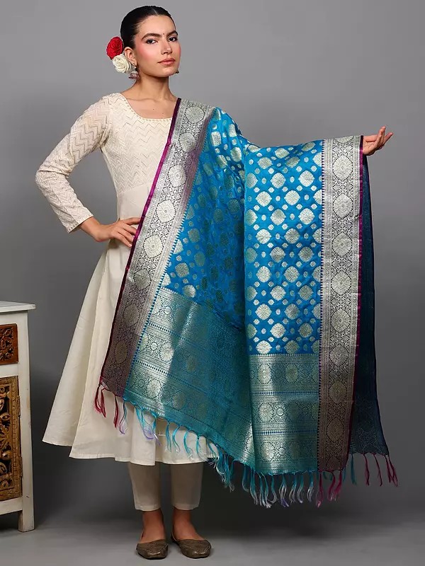 Art Silk Banarasi Dupatta with Zari Woven Floral Motifs