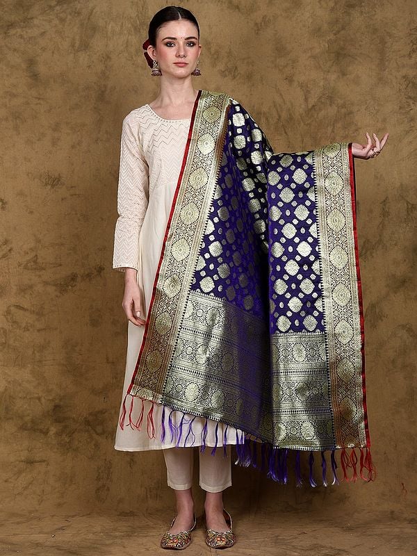 Art Silk Banarasi Dupatta with Zari Woven Floral Motifs