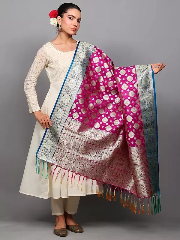 Art Silk Banarasi Dupatta with Zari Woven Floral Motifs