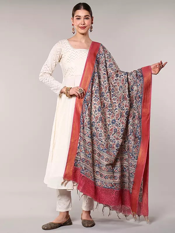 Kalamkari Zari Border Silk Dupatta from Telangana with Printed Flowers