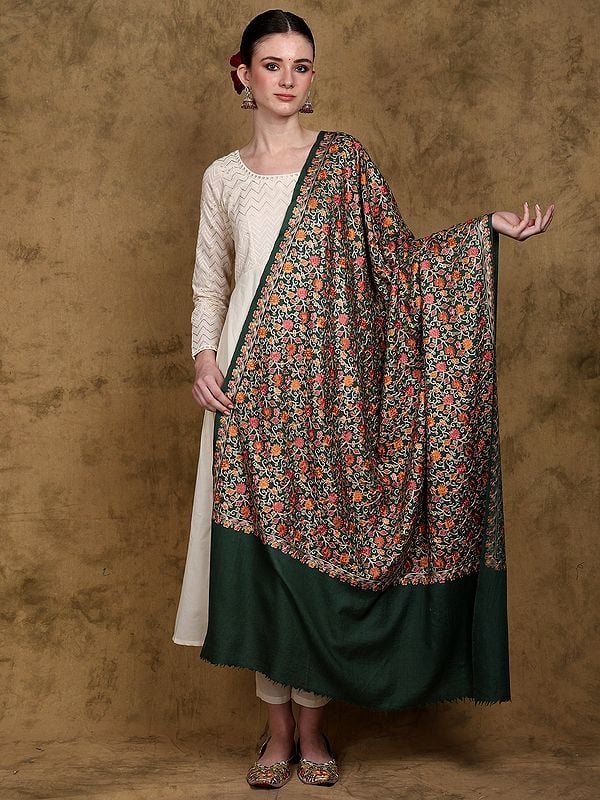 Pure Wool Shawl from Amritsar with Chain Stitch Embroidered Floral Jaal