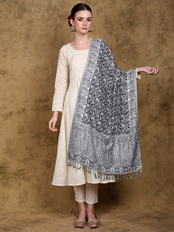 Reversible Jamawar Stole with Woven Paisley Vine from Amritsar