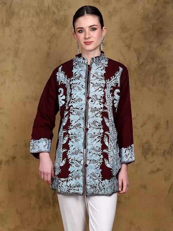 Biking-Red Wool Short Jacket with Aari Embroidery from Kashmir