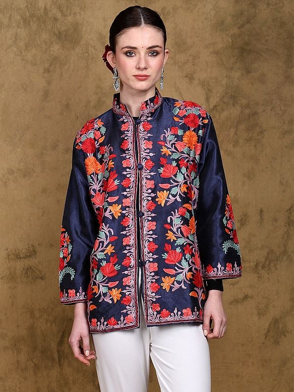 Patriot-Blue Kashmiri Short Jacket with Floral Aari Embroidery in Multicolor