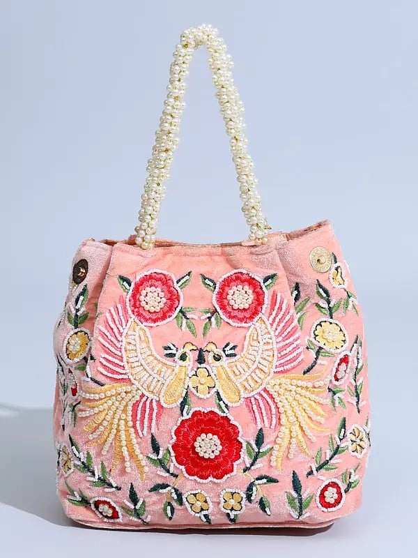 Seashell-Pink Velvet Bird Embroidered Hand Bag with Beads Work