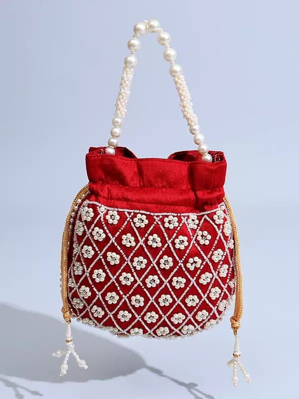 Savvy-Red Drawstring Potli Bag with Bead-Crystal Embroidery