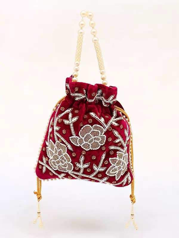 Magenta-Purple Potli Bags with Floral Embroidered Beads and Crystals