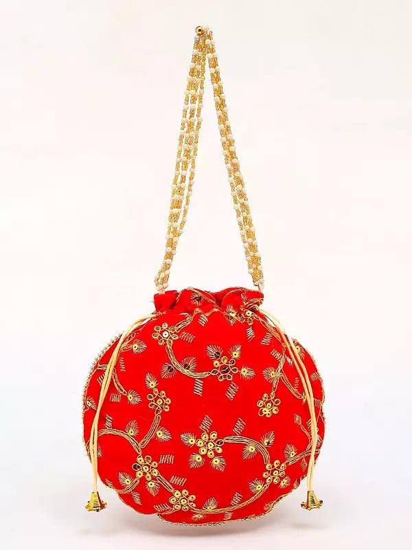 Poppy-Red Potli Bag with Beaded Handle and Golden Thread work & Sequins