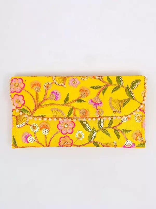 Yellow-Balloon Floral Thread Embroidered Clutch Hand Bag with Sequins work