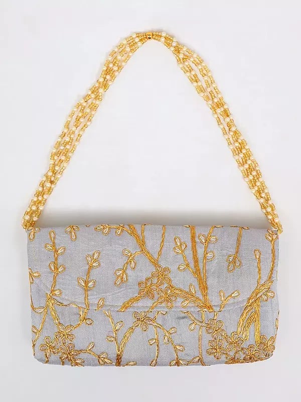 Glacier-Gray Clutch Bag with Beaded Handle and Floral Golden Thread work