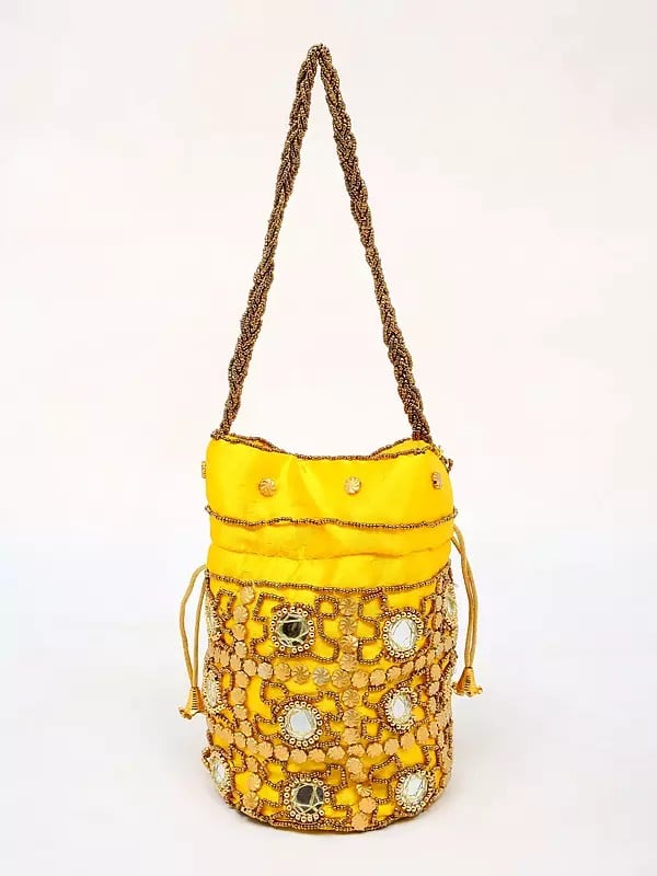 Vibrant-Yellow Drawstring Potli Bag with Beads and Mirror Embroidery