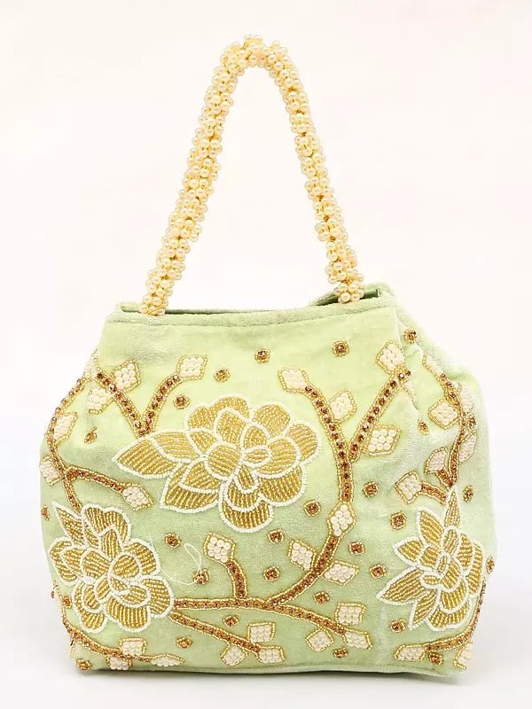 Light-Green Velvet Potli Bag with Floral Beads-Crystal Embroidery