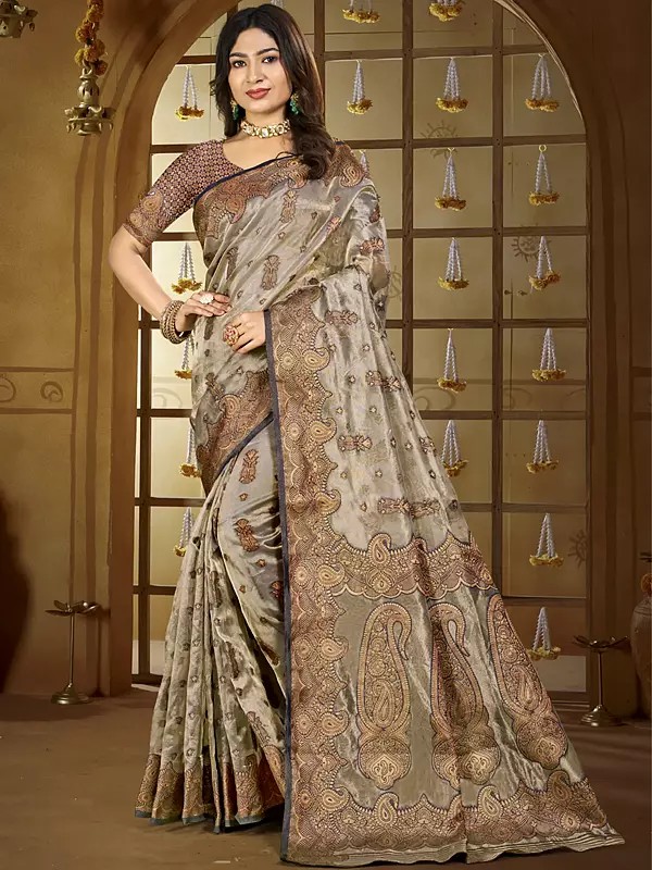 Woven Big Paisleys Motifs Festive Wear Silk Saree With Contrast Border