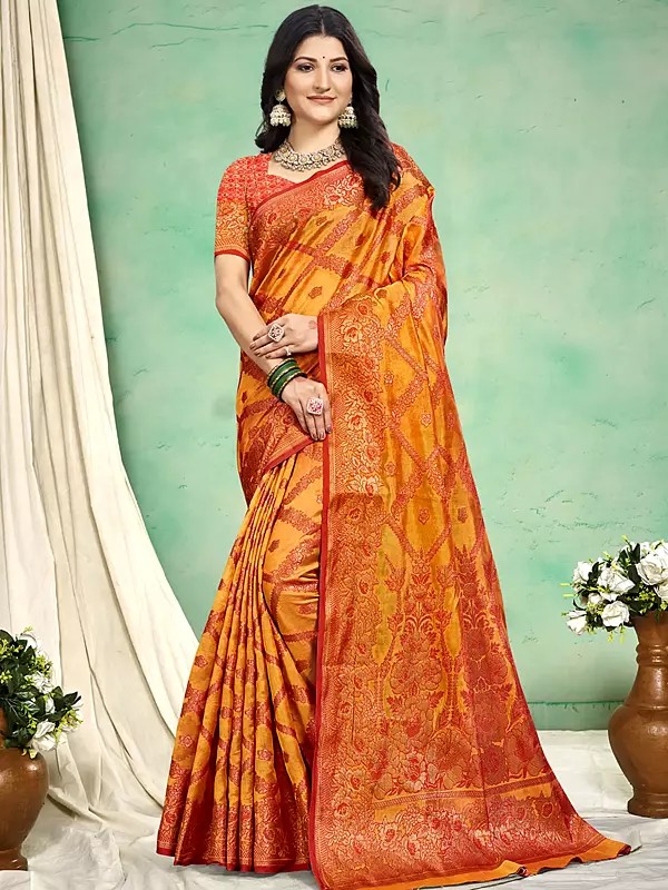 Check Pattern With Floral Motifs Attractive Silk Saree With Contrast Pallu