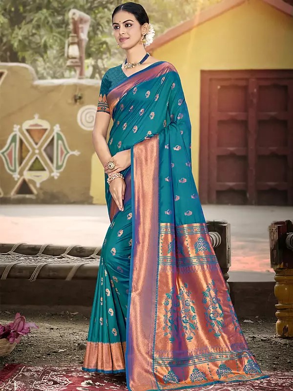 Small Motifs All Over Festive Wear Silk Saree With Floral Attractive Pallu