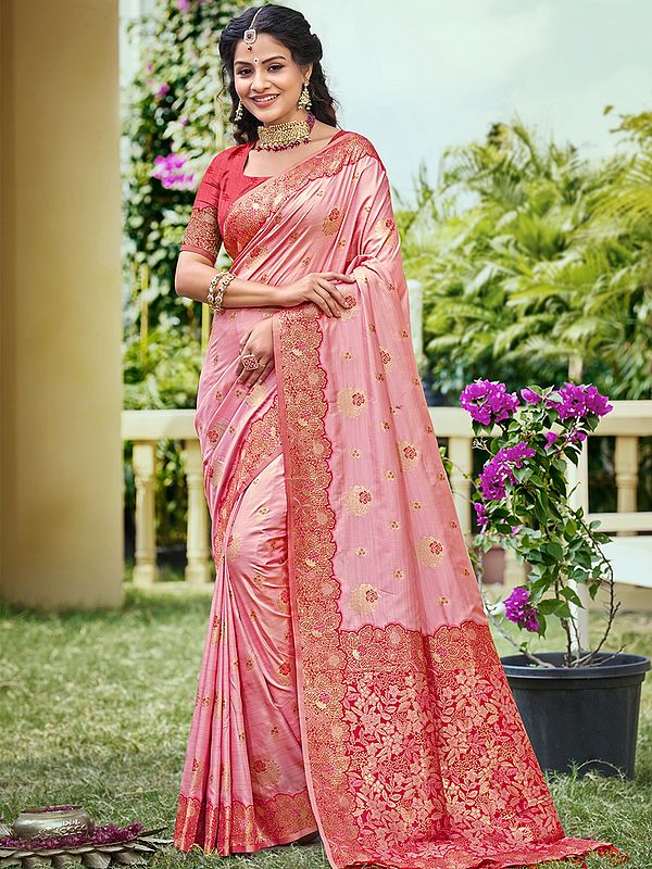 Designer Embroidered Floral Border Banarasi Silk Saree With Attractive Tassels Pallu