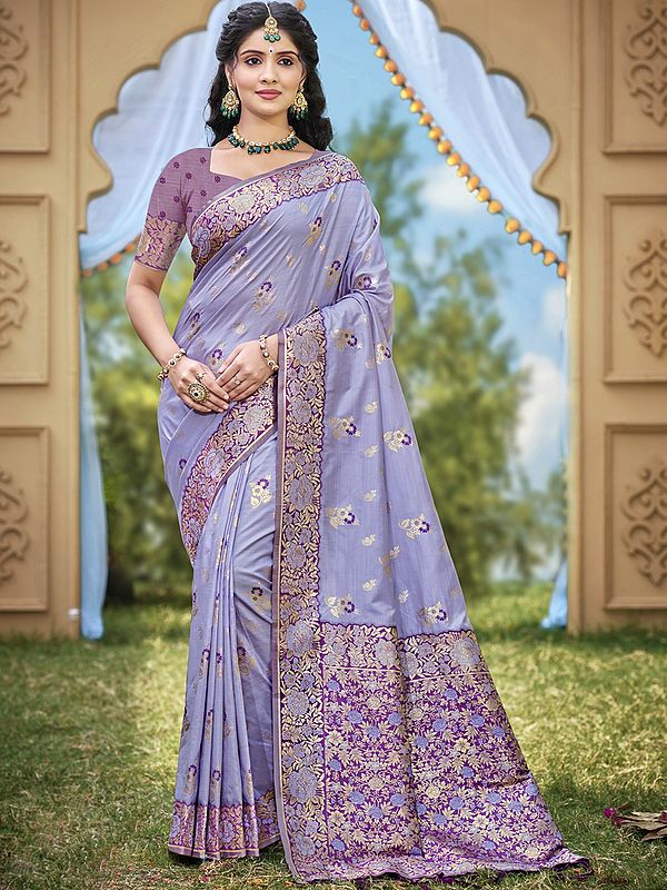 All Over Floral Motifs Festive Wear Banarasi Silk Saree With Attractive Tassels Pallu