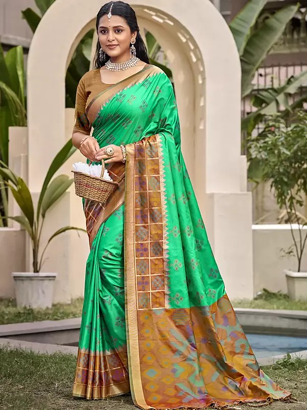 Ethnic Motifs Printed Broad Border Silk Saree With Blouse For Festive Occasion