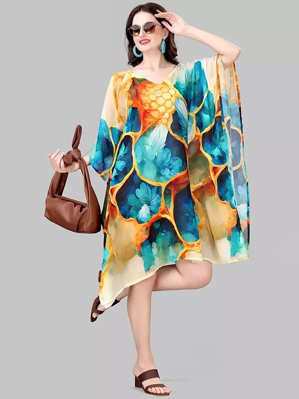 Blue and Yellow Printed Floral Georgette Short Kaftan