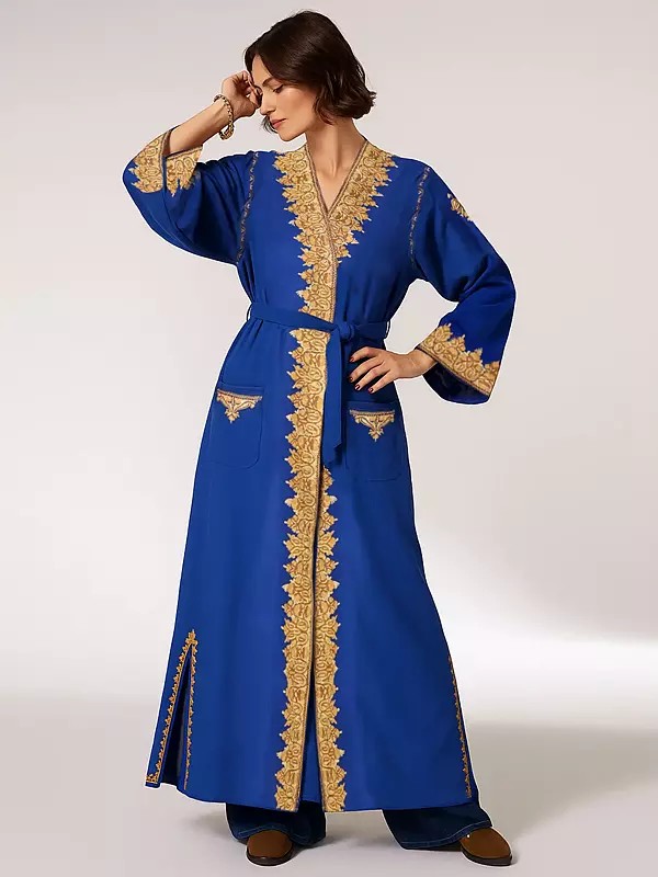 Turkish-Blue Kashmiri Robe with Aari Hand-Embroidered Flowers