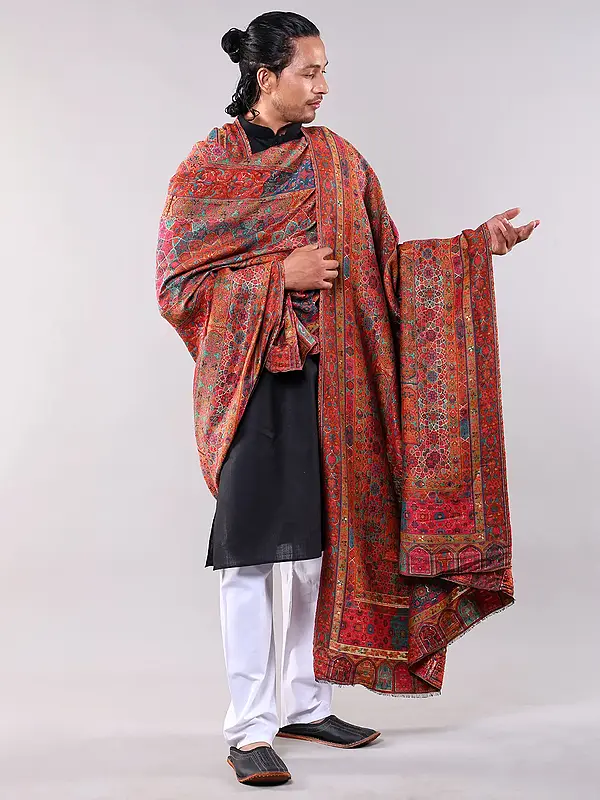 Pure Wool Shawl with Multicolor Thread Woven Chakra Pattern and Zari Weave