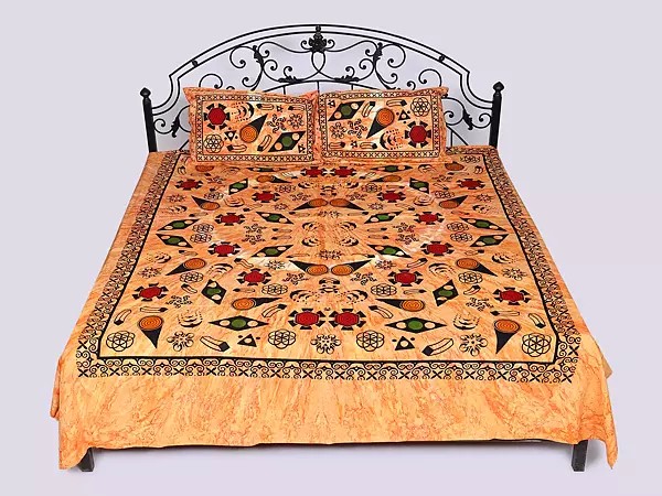 Apricot-Nectar Batik-Dyed Queen Size Bedspread with Pillow Cases and Printed Geometric Pattern