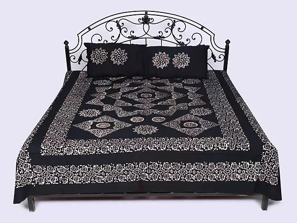 Black-Onyx Batik Printed Queen Size Bedspread with Pillow Cases from Tamil Nadu