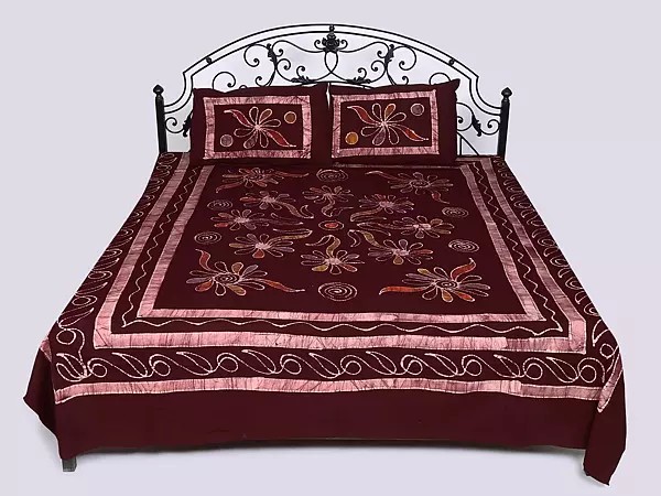 Bitter-Chocolate Pure Cotton Batin Printed Queen Size Bedspread with Pillow Cases