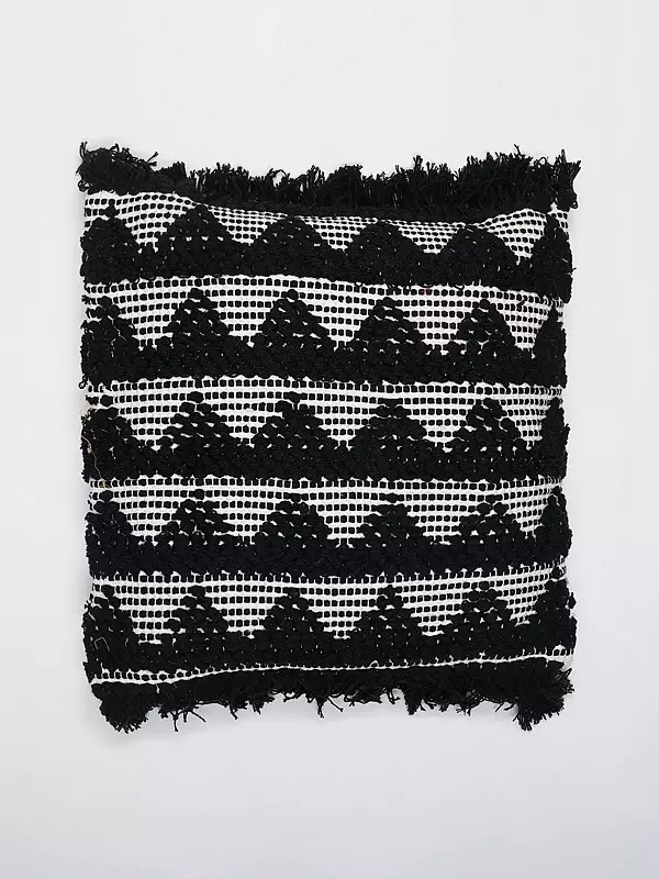 Black and White Thread Embroidered Cushion Cover with Fringes