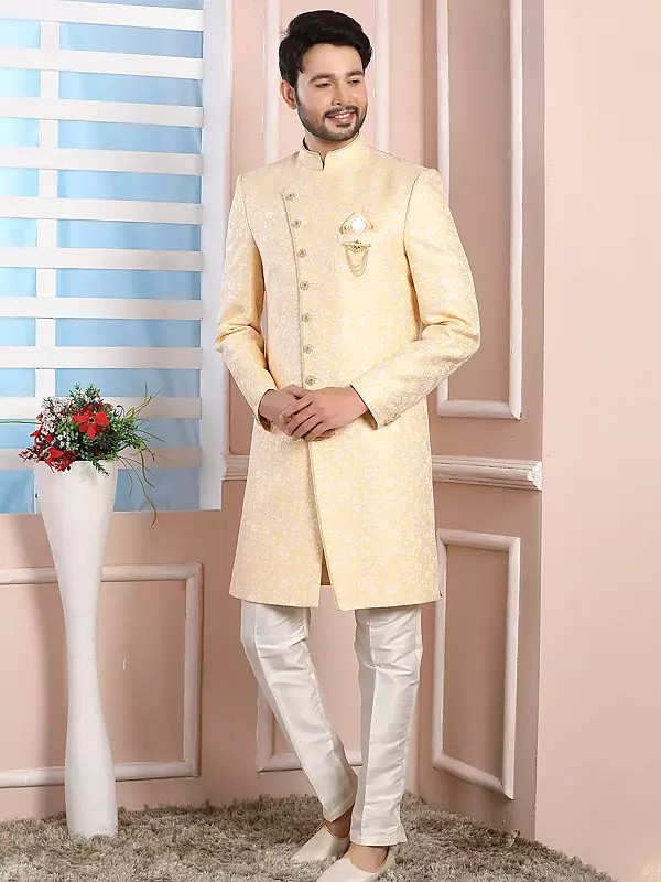 Imported Jacquard Silk Indo Western Sherwani With Dupion Art Silk Aligarhi Pant For Wedding Groom Men