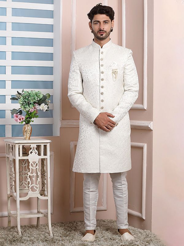 Dupion Art Silk Bottom With Imported Jacquard Silk Sherwani Indo Western Set Embroidered Design