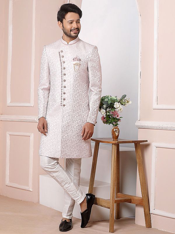 Imported Jacquard Silk Indo Western Sherwani Set With Dupion Art Silk Bottom For Wedding Festive Wear
