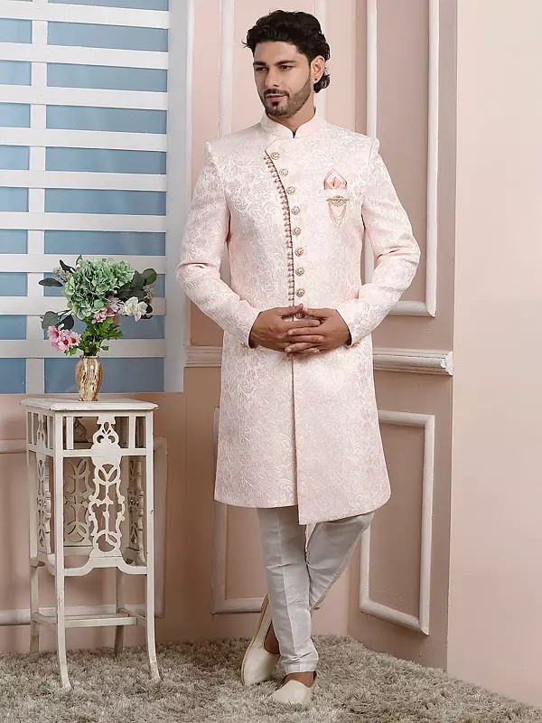 Dupion Art Silk Bottom Paired With Imported Jacquard Silk Indo Western Sherwani Set For Wedding Reception