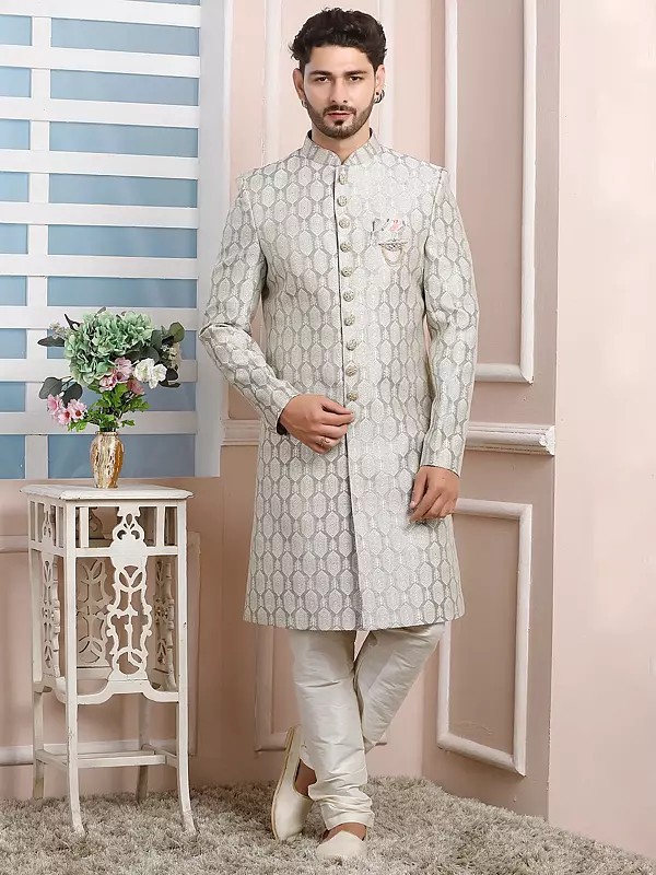 Imported Jacquard Silk Indo Western Sherwani Set With Dupion Art Silk And Churidar Bottom For Sangeet Festive Occasions
