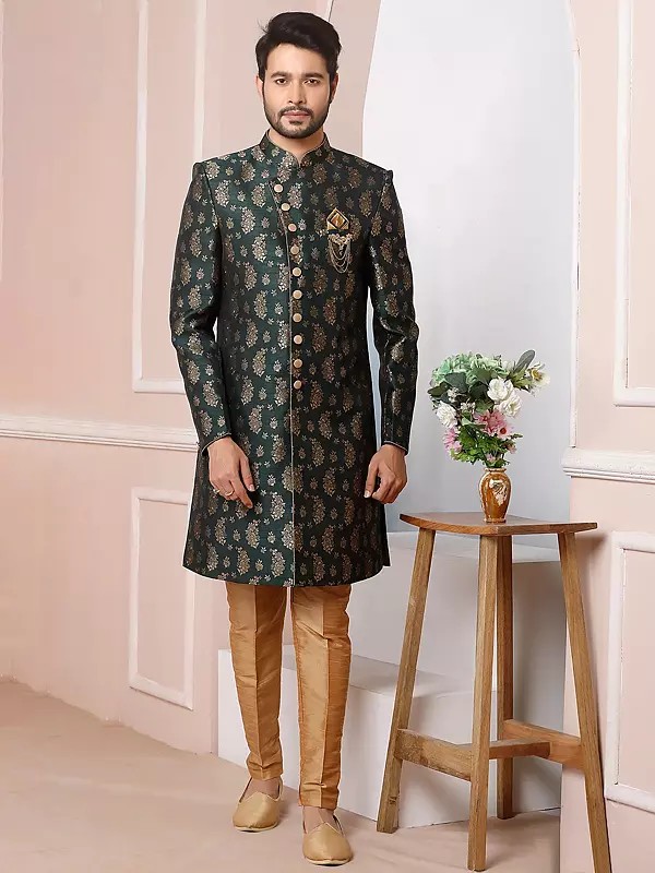 Aligarhi Pant Dupion Art Silk Paired With Jacquard Silk Indo Western Sherwani Set For Wedding Sangeet Reception Glam