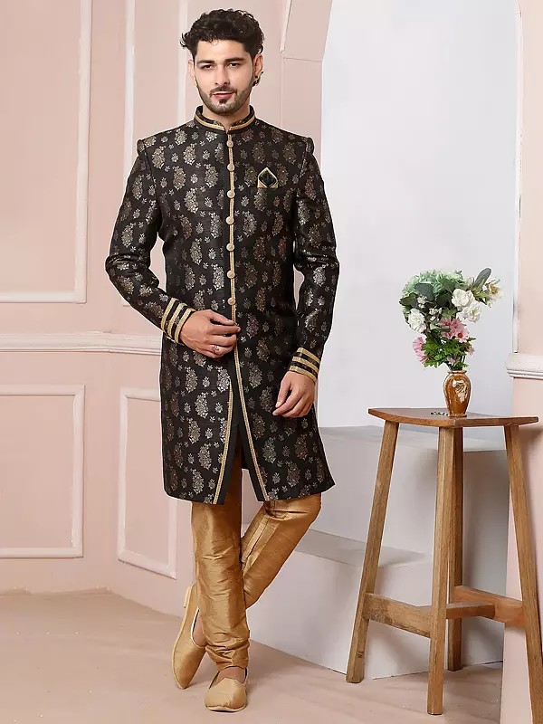 Elegant Jacquard Silk Indo Western Sherwani Paired With Luxe Dupion Art Silk Aligarhi Pant For Men